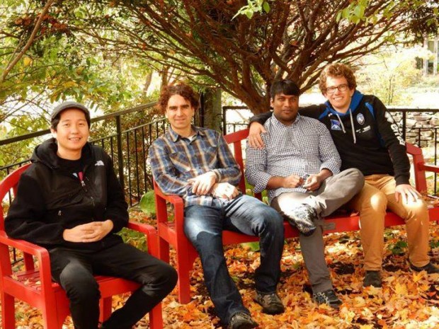 During their postulancy, Brian Verzella and Daniele Caglioni, second and fourth from left, enjoy an autumn outing with Brothers Blair Nuyda, A.A., and Sagar Gundiga, A.A. 